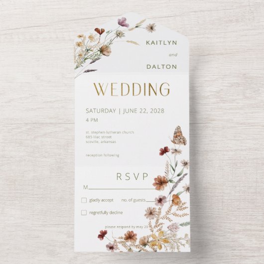 Modern wit Wildflower boeket Geen diner All In One Uitnodiging (Binnen)