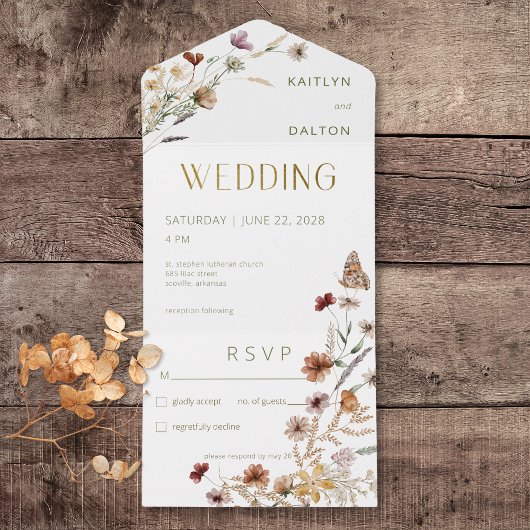 Modern wit Wildflower boeket Geen diner All In One Uitnodiging