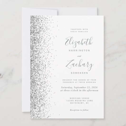 Modern wit zilver glitter rand bruiloft kaart (Voorkant)