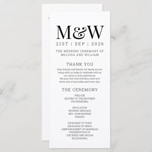 Modern wit zwart bruiloft programmakaart (Voorkant / Achterkant)
