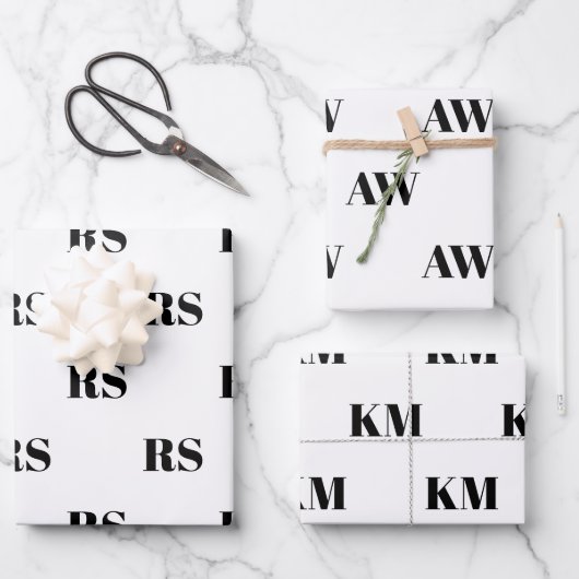 Modern wit zwart custom monogram initiaal inpakpapier vel (Voorkant)