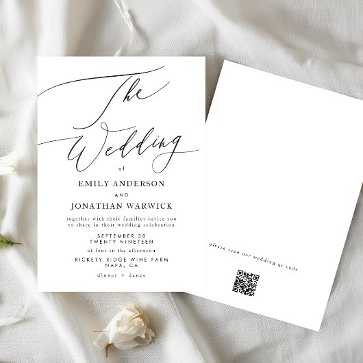 Modern Wit Zwart Eenvoudige QR CODE Trouwwebsite Kaart