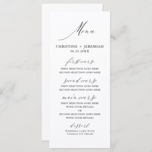 Modern Wit Zwart Elegant Script Bruiloft Menu (Voorkant / Achterkant)