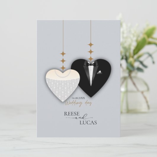 Modern wit zwart illustratie bruiloft hart save the date (Staand voorkant)