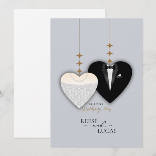 Modern wit zwart illustratie bruiloft hart save the date (Voorkant / Achterkant)