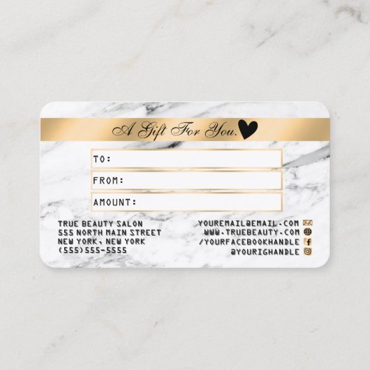 Modern Wit Zwart Marmer Goud Gift Credit Kaart Visitekaartje (Achterkant)