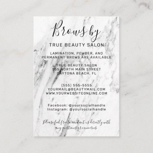 Modern wit zwart marmer wenkbrauwen nazorg pictogr visitekaartje (Achterkant)