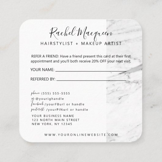 Modern wit zwart marmeren script aanbevelingskaartje (Achterkant)