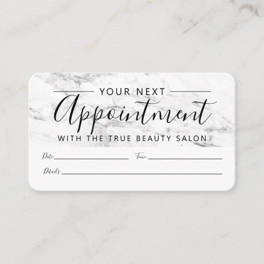 Modern wit zwart marmeren script afsprakenkaartje (Voorkant)