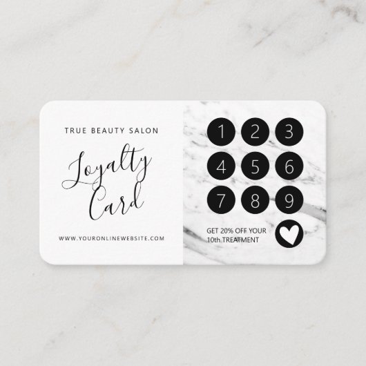 Modern wit zwart marmeren script klantenkaartje (Voorkant)