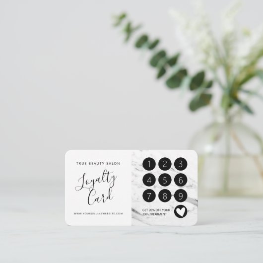 Modern wit zwart marmeren script klantenkaartje (Staand voorkant)