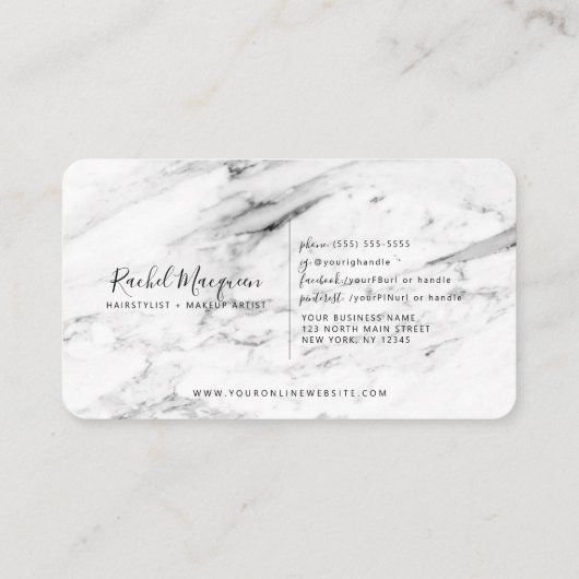 Modern wit zwart marmeren script klantenkaartje (Achterkant)