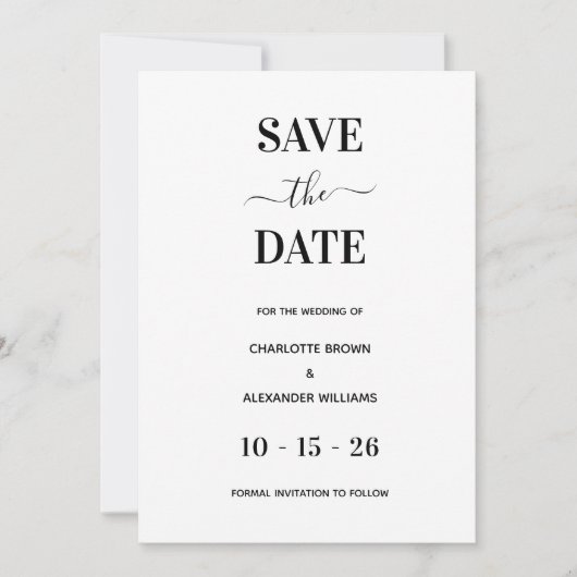 Modern Wit & Zwart Minimaal Save The Date (Voorkant)