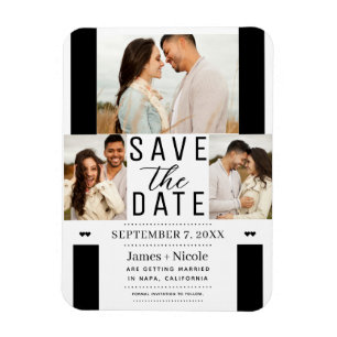 Modern Wit Zwart Save the Date 3 Foto Bruiloft Magneet