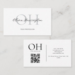 Modern Wit Zwart Script QR Code Monogram Visitekaartje