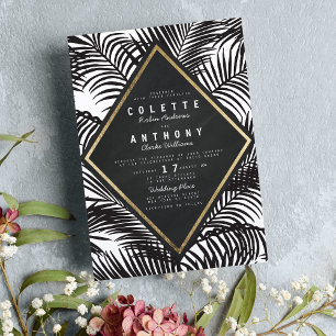 Modern Wit Zwart Tropische Palm Frond Bruiloft Kaart