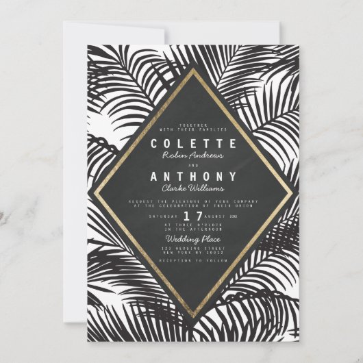 Modern Wit Zwart Tropische Palm Frond Bruiloft Kaart (Voorkant)
