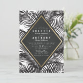 Modern Wit Zwart Tropische Palm Frond Bruiloft Kaart (Staand voorkant)