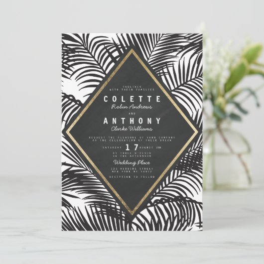 Modern Wit Zwart Tropische Palm Frond Bruiloft Kaart (Staand voorkant)