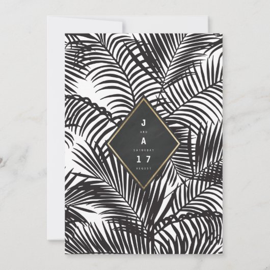 Modern Wit Zwart Tropische Palm Frond Bruiloft Kaart (Achterkant)