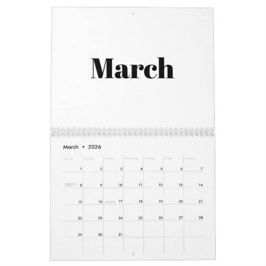 Modern wit zwart vet typografie maand 2024 kalender (Mar 2026)