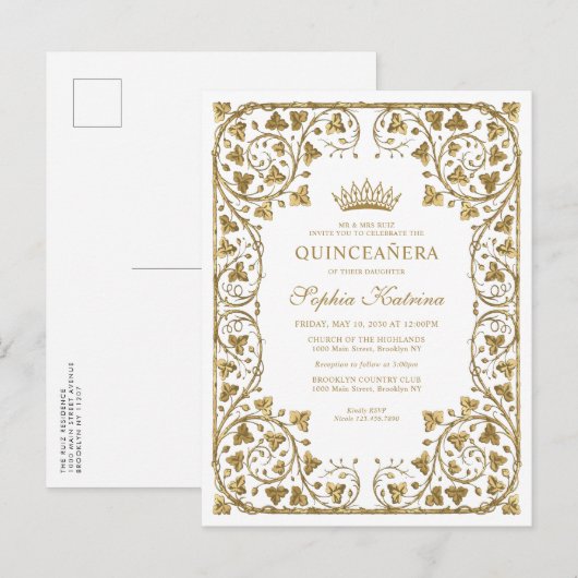 Modern  witgoud Lijst Tiara Quinceanera Uitnodiging Briefkaart (Voorkant / Achterkant)
