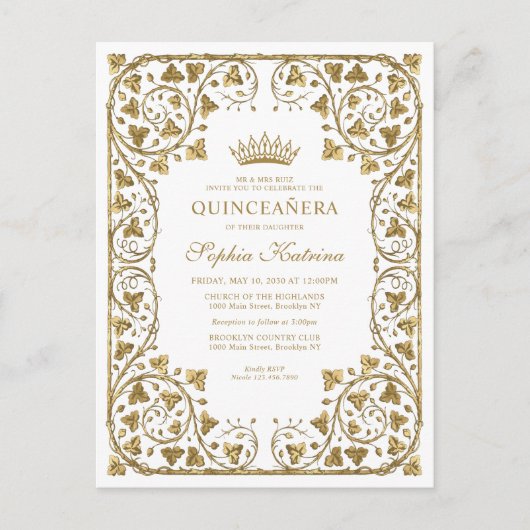 Modern  witgoud Lijst Tiara Quinceanera Uitnodiging Briefkaart (Voorkant)