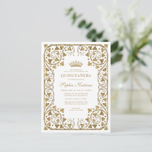 Modern witgoud Lijst Tiara Quinceanera Uitnodiging Briefkaart (Staand voorkant)