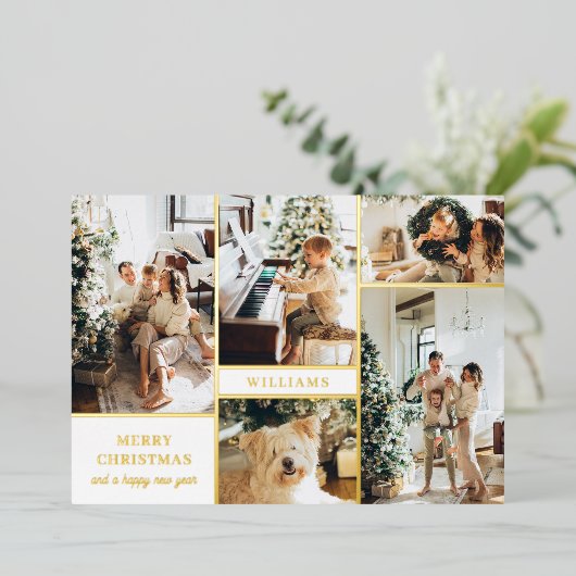 Modern Witgouden Foto Collage Prettig Kerstfeest Folie Feestdagenkaart (Staand Voorkant)