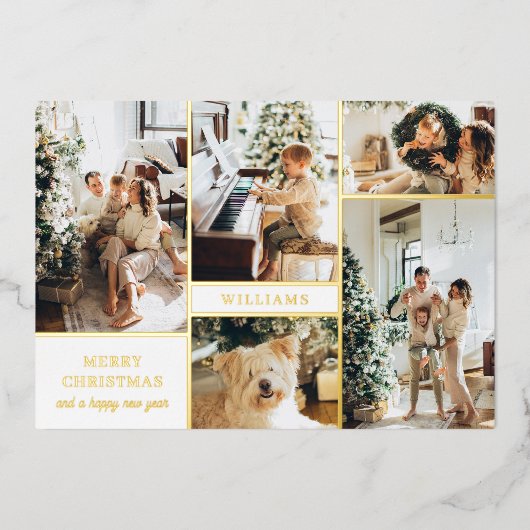 Modern Witgouden Fotocollage Prettig Kerstfeest Folie Feestdagenkaart (Voorkant)