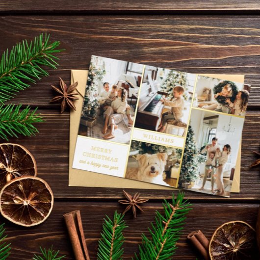 Modern Witgouden Fotocollage Prettig Kerstfeest Folie Feestdagenkaart