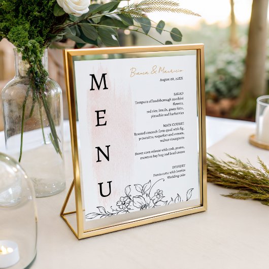 Modern with Blush Watercolor and Black Florals Menu
