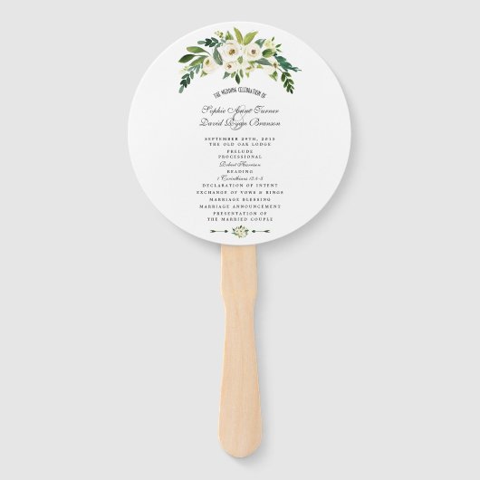 Modern Witte Bloeiende Bloem Bruiloftsprogramma Handwaaier (Voorkant)