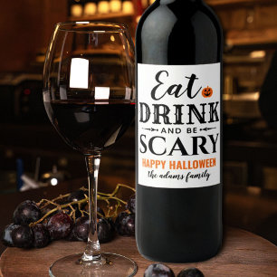 Modern Witte Eet, Drink en Wees Bang Halloween Wijn Etiket