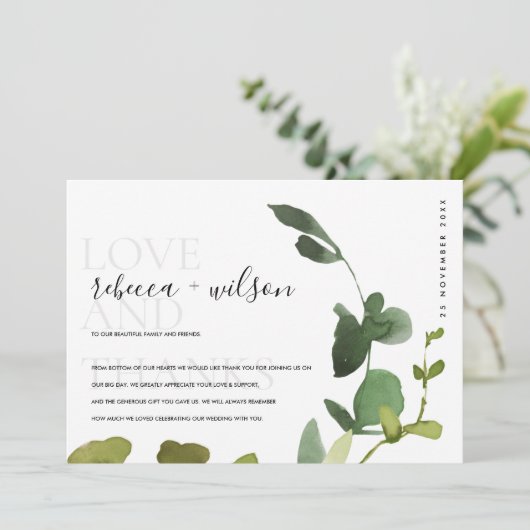 MODERN WITTE GROEN WATERVERF EUCALYPTUS FOLIAGE BEDANKKAART (Staand voorkant)