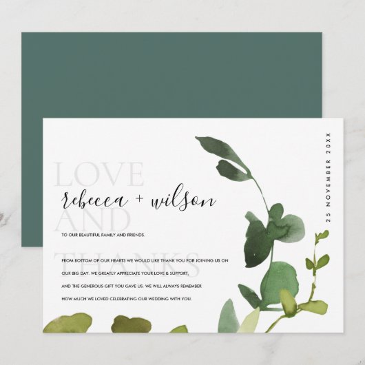 MODERN WITTE GROEN WATERVERF EUCALYPTUS FOLIAGE BEDANKKAART (Voorkant / Achterkant)