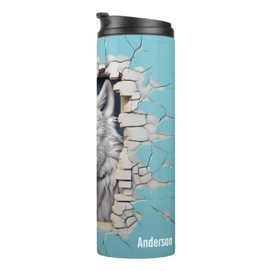 Modern Wolf 3D Dierenblauw Thermosbeker (Geroteerd rechts)