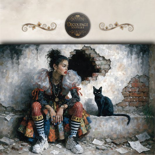 Modern Woman and Black Cat Decoupage Tissuepapier