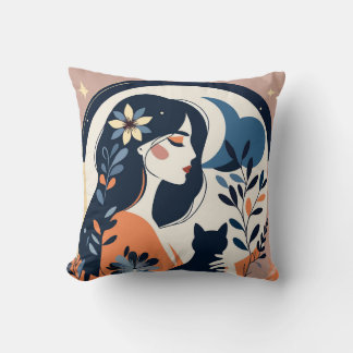 Modern Woman and Cat Throw Pillow  Boho Floral Art Kussen