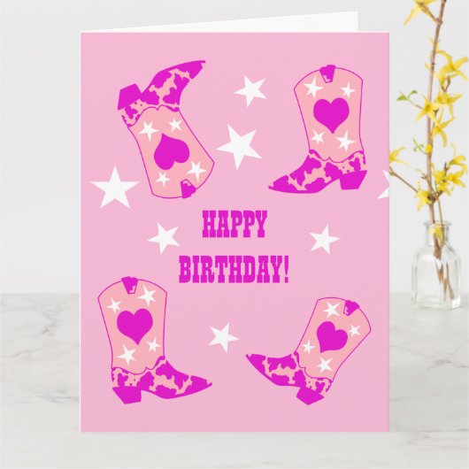 Modern Women roze Cowgirl Westerne Boots Birthday Kaart (Gele Bloem)