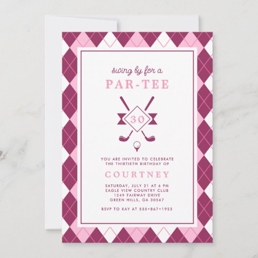 Modern Women's 30th Birthday Argyle Pink Golf Kaart (Voorkant)