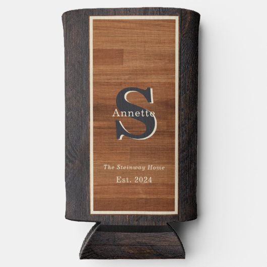 Modern Wood 2Tone Monogram Square Seltzer Blikjeskoeler (Voorkant)