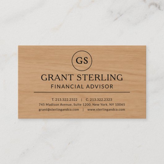 Modern Wood Financial Advisor Luxury Monogram Visitekaartje (Voorkant)