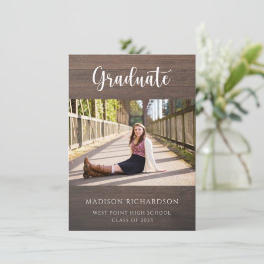 Modern Wood Grain Rustic Photo Afstuderen Kaart (Staand voorkant)