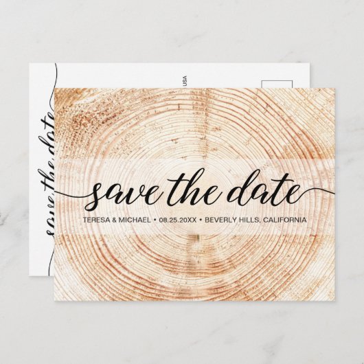 Modern Wood Grain Rustic Wedding Custom Briefkaart (Voorkant / Achterkant)