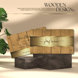 Modern Wooden Boards Brown Woodgrain Monogram Gold Visitekaartje