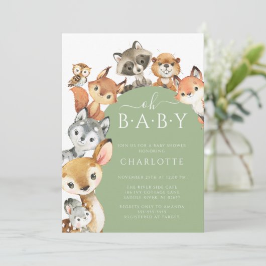 Modern Woodland Animals Baby shower Invitation Kaart (Staand voorkant)