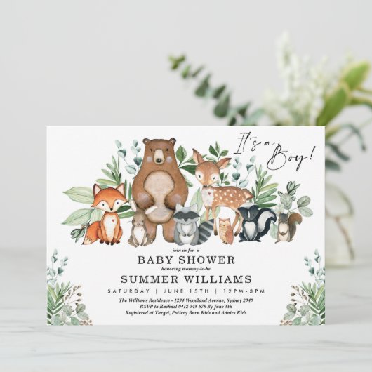 Modern Woodland Animals Forest Boy Baby shower Kaart (Staand voorkant)