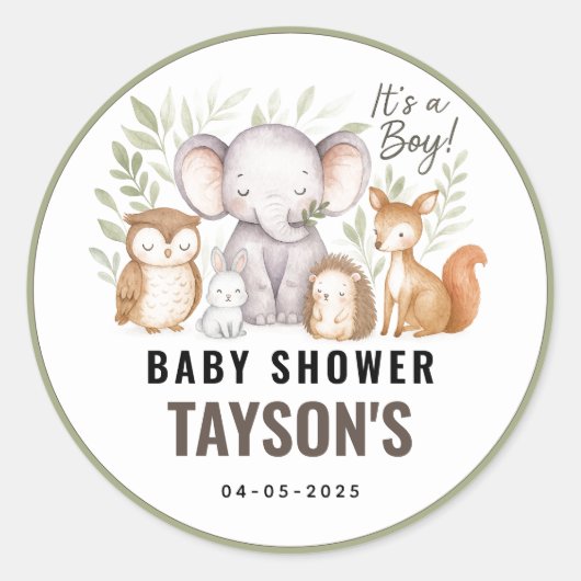 Modern Woodland Animals Forest Boy Baby Shower Ronde Sticker (Voorkant)