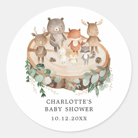 Modern Woodland Animals Greenery Baby shower Ronde Sticker (Voorkant)